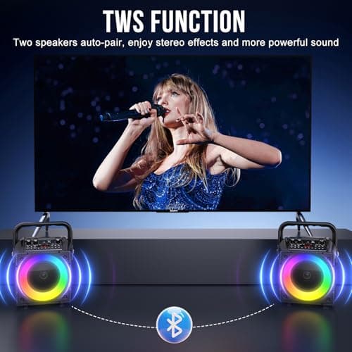 Karaoke Machine with Two Wireless Microphones, Adults&Kids Portable Karaoke Machine, Bluetooth Speaker with PA System, LED Lights, Supports TF Card/USB, AUX in, FM, USB,TWS, REC for Party, Gift(Black) — view 6