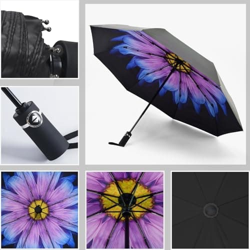 SY COMPACT Automatic Windproof Umbrellas Travel Strong Umbrella for Rain and Sun Protection Small Umbrella UV Blocking for Women and Men (Purple Flower) — view 5