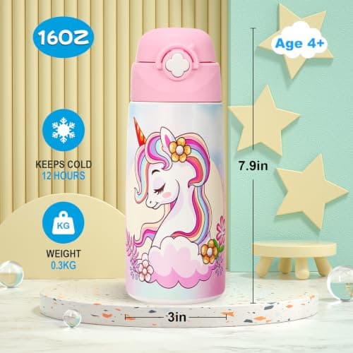 ntskood Girls Unicorn Water Bottle for School,Kids 16 oz Insulated Stainless Steel Cup with Straw, Double-Wall Vacuum Leakproof（Unicorn） — view 2