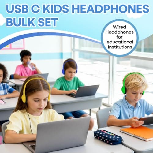 Type C Kids Headphones Bulk for School Classroom 20 Pack, Upgrade USB Type C Wired Headphones for Boys Girls Students Travel Learning Compatible with Tablet Smartphones Chromebook (Mixed Colors) — view 3
