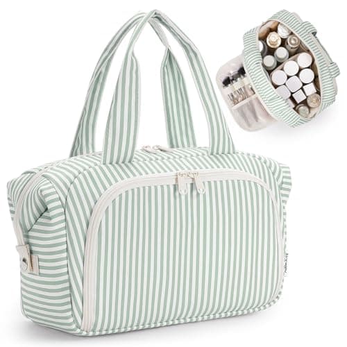 Narwey Toiletry Bags for Women, Large Full Size Wash Bag Women, Travel Size Toiletries Bag for Holiday Essentials, Makeup Bag Organizer Hospital Bag for Accessories (Mint Green Stripe)