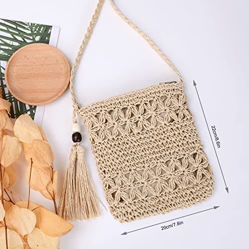 Aucuu Straw Bag for Women, Summer Beach Straw Purse with Tassel, Weave Handmade Single Crossbody Bag with Zipper, Bohemian Shoulder Purse for Summer Beach Travel — view 2