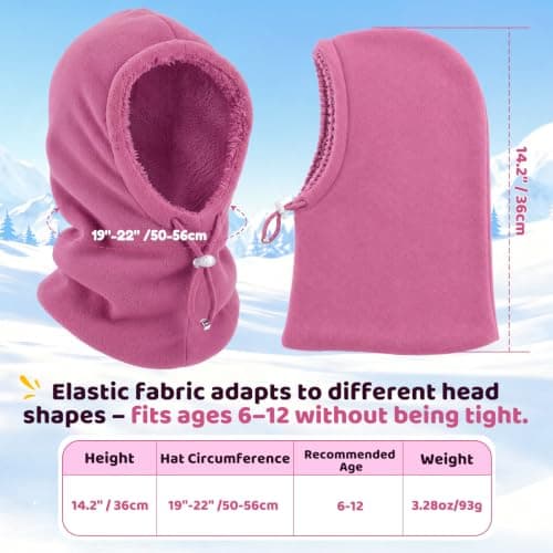Beehow Kids Balaclava Winter Windproof Fleece Hat – Ski Mask for Boys Girls, Soft Sherpa Lined Stretch Fit for 6-12 Years (Rose Red) — view 6