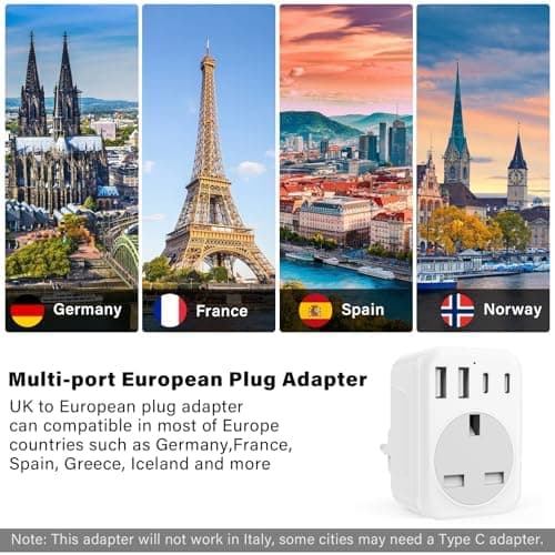 2 Pack UK To European Plug Adapter, 5 IN 1 European Travel Adaptor with 2 USB C & 2 USB A, EU Plug Adapter for Germany Spain France Turkey Greece etc (Type E/F) — view 5