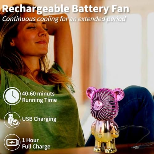 Generic Handheld Mini USB Rechargeable Desk Fan - Portable Personal Bear Fan with 3 Speeds for Home, Office, Travel, Summer, Kids - Gold — view 3