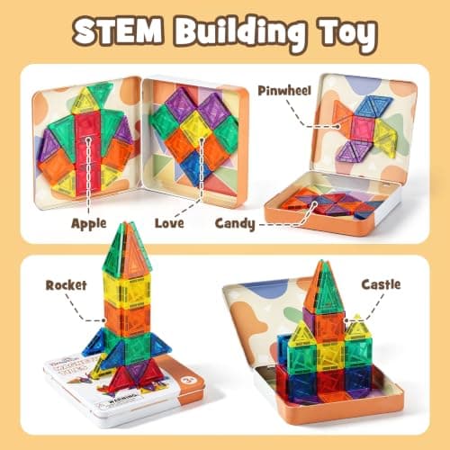 Dreamon 60 PCS Mini Magnetic Tiles Set Travel Magnetic Tiles for Kids with Iron Case Magnetics Blocks Building Toy Christmas Birthday Gift Boys Girls Age 3 4 5 6 7 8 Years — view 4