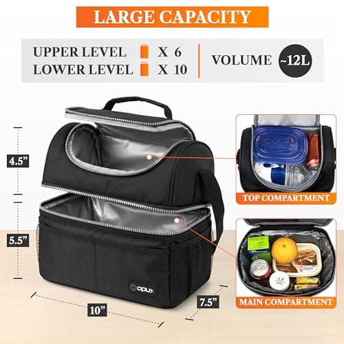opux Insulated Lunch Bag for Men Women, Double Decker Leakproof, Black — view 2