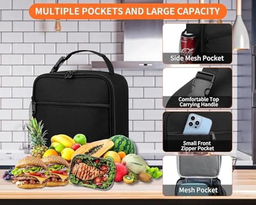 zukent Portable Insulated Lunch Bag with Side Mesh Pocket Water-Resistant Leakproof Cooler Bag Durable Thermal Lunch Box for Work, School, Picnic, Outdoor for Adults, Kids, Men, Women (Black) — view 5