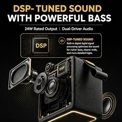 MADDECKERS MG II Portable Bluetooth Speaker, 24W Powerful Sound, DSP Enhanced Audio, IP67 Waterproof Dustproof, RGB Lights, 17H+ Playtime, TWS Stereo Pairing, 3 EQ Modes, AUX/TF/USB (Black & Brass) — view 4
