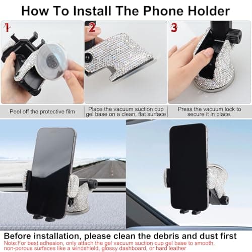 Bling Car Phone Mount Holder,Shiny Crystal Rhinestone Phone Stand for Women and Girls, Car Accessories for Windshield Dashboard,Compatible with Most Cellphones (White) — view 4