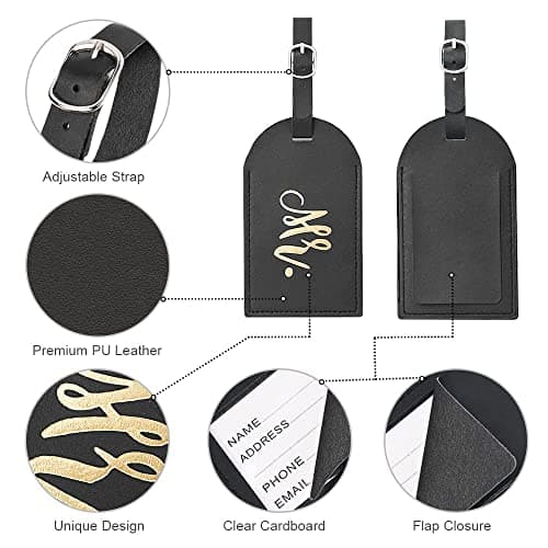 flintronic 2 Pcs Luggage Tags, Leather Baggage Labels, Suitcase ID Tag Set, Handbag Tag Labels Travel Accessories for Married Men Women Couples Wedding Travel Gift — view 3