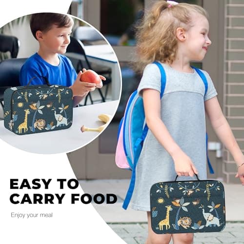 Clastyle Forest Animal Insulated Kids Lunch Bag Leaf Large Thermal Cooler Bag for Boy Picnic School Toddler Lunch Box Tote,Black — view 2