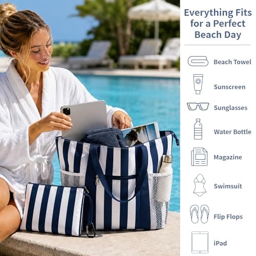 TAHAVICE Large Beach Bags for Women, Waterproof Summer Beach Tote Bag with Zip and Wet Compartment, Holiday Lightweight Bags for Travel, Pool (Navy Strip) — view 4
