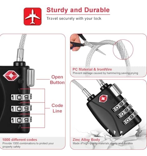 NAGE TSA Approved Luggage Locks with Open Alert Indicator (2P, Black) — view 3