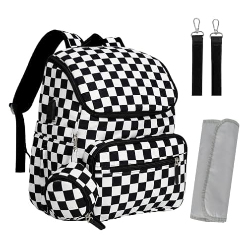 DEFAHN Baby Changing Bag Backpack, Checkered Nappy Bag Backpack with Mat