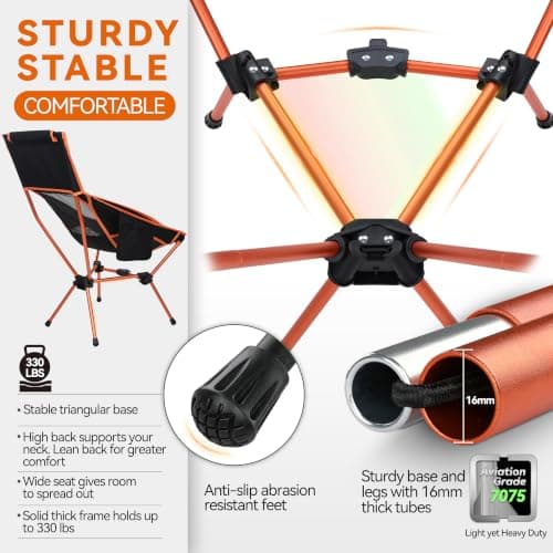 MARCHWAY Lightweight Folding High Back Camping Chair with Head Support, Stable Portable Compact for Outdoor Camp, Travel, Beach, Picnic, Festival, Hiking, Backpacking (Orange) — view 4