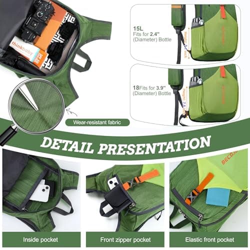 BECOJADDE 15L Hiking Backpack for Men Women Foldable Small Rucksack Lightweight Mini Backpack for Camping Travel Outdoor, Olive Green — view 3