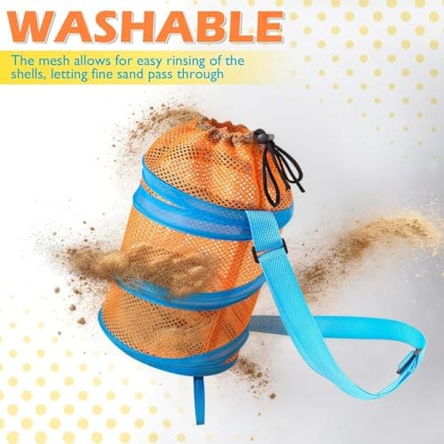 WAWSAM Kids Mesh Beach Bag Set, 2 PCS Sea Shell Bag for Beach, Kids Beach Essentials Shell Collecting Bag for Boys Girls Beach must Haves for Kids with Adjustable Straps (Green + Orange) — view 4
