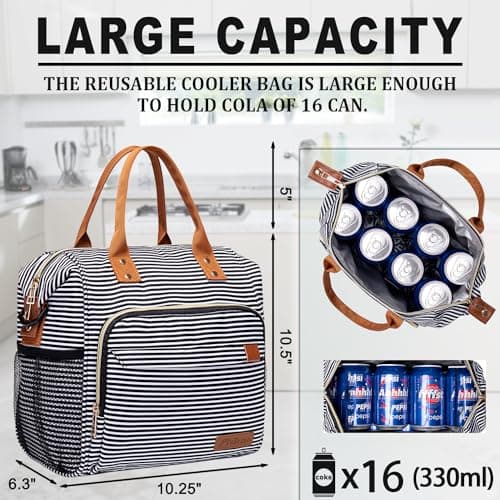 TuErCao Lunch Bag Women Insulated Lunch Box for Work Leakproof Soft Cooler for Picnic Travel Road Trips, Loncheras para Mujer Adult, Stripes — view 2