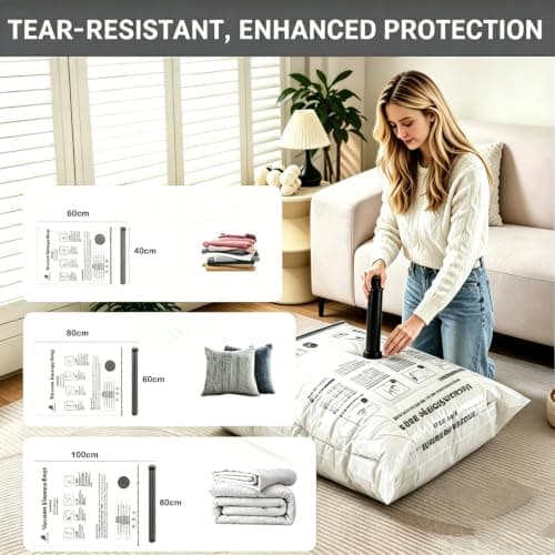 Bighan Vacuum Storage Bags 9 Pack(3 Large + 3 Medium + 3 Small) Reusable Space Saver Bags Vacuum Compression Zipper Storage Bags with Airtight Valve and Hand Pump — view 5