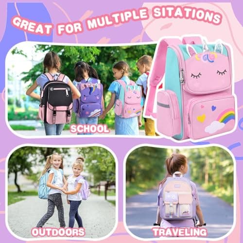 Aucuu Girls' Backpack, Cute Unicorn School Bags, Kawaii Backpack, Waterproof School Bags for Girls, Large Capacity Children's Back-pack, for Elementary, Kindergarten - Pink — view 6