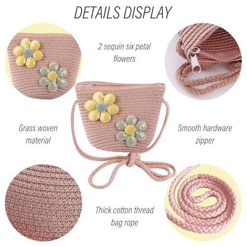 DAVBNM Cute Floral Straw Crossbody Bags Girl Shoulder Bag Girls Handbags Toddler Handbag, Braided Floral Princess Bag Woven Straw Bags + Flower Sunglasses & Floral Headbands for Shopping School Travel — view 5