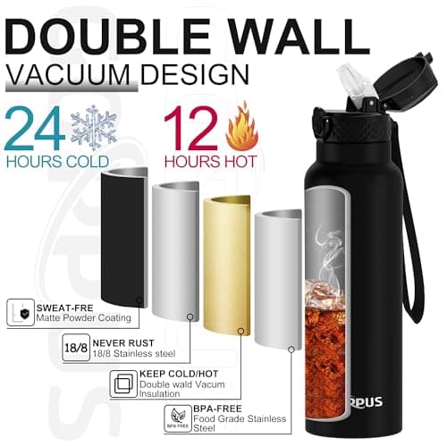 GOPPUS 750ml/26oz Stainless Water Bottle with Straw Double Wall Insulated Bottles with Strap Reusable Vacuum Thermal Flask Leakproof Keep Cold Drinks Bottles with Flip Top Lid BPA Free (Black) — view 5