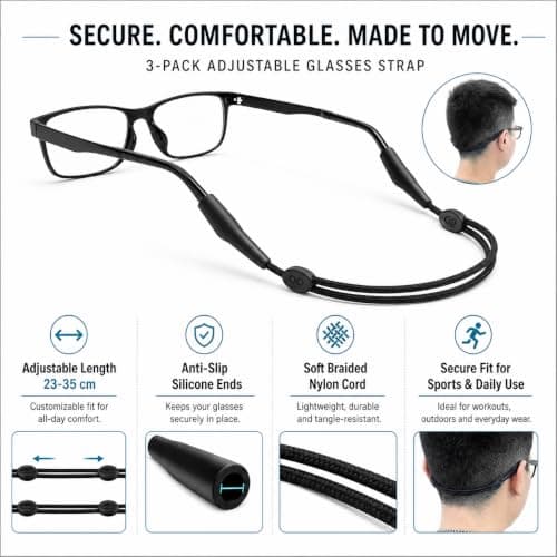 3 Pack Adjustable Glasses Strap for Sports, Anti-Slip Eyewear Retainer Cord with Silicone Ends, Nylon Holder for Glasses and Sunglasses, Secure Fit for Running, Cycling, Gym, Travel and Daily Use — view 4