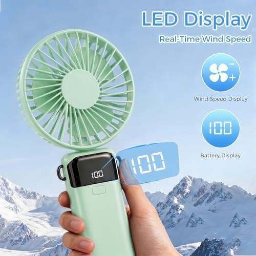 CNMTCCO Handheld Fan, Rechargeable Portable Fan with LED Display, 5 Speeds Mini Fan 90-Degree Foldable Hand Fan, USB Desk Fan for Home Office Bedroom Outdoor Travel (Green) — view 4