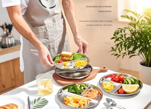 Sprigold 304 Stainless Steel Dinner Plates 2 Pack, 9.05’’Round Control Plate Divided Plates, Ideal for Children,Adults, Lunch Tray,Camping Food Tray Dishwasher-Safe (2, 9.05'' Round) — view 2