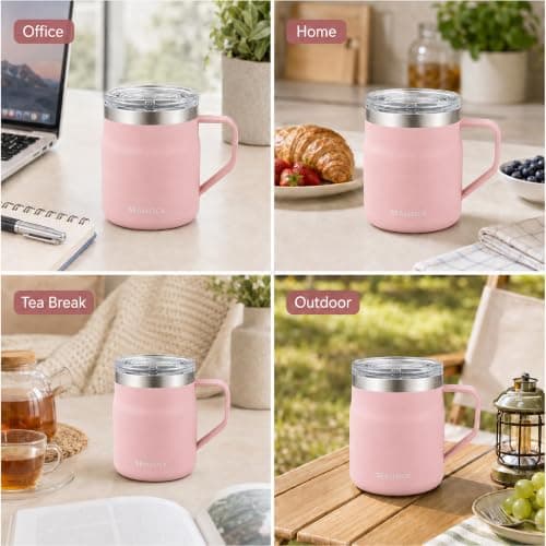 SiHuiTu 450ml Insulated Stainless Steel Coffee Mug with Lid & Handle(Pink) — view 6