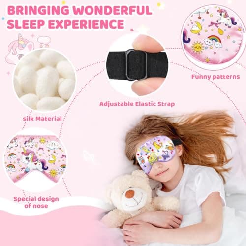 NganSuRong 2 Pack Sleep Mask for Kids Girls，Silk Eye Mask for Sleeping with Adjustable Strap Cute Blindfold Adult Children's Bedtime Eye Cover for Travel Nap Party Supplies (Pink) — view 3