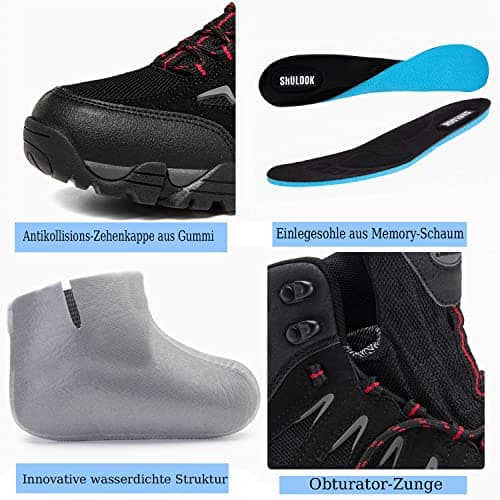 SHULOOK Men's hiking shoes, waterproof trekking shoes, non-slip high rise hiking boots, men's outdoor mountain shoes, ultralight trainers, camping, trekking, hiking, hiking boots, black red, 9 UK — view 2