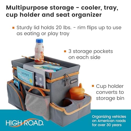 High Road CarHop Car Seat Organizer for Kids and Adults with Cup Holder Tray, Side Pockets and Cooler Compartment (Medium, Gray) — view 2