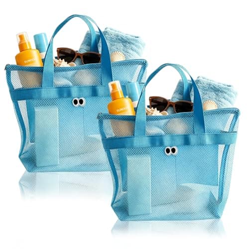 QWEPU Mesh Beach Bags, 2PCS Lightweight Large Pool Beach Tote Bag, Portable Mesh Beach Tote Bag Mesh Sand Bag Mesh Beach Bag Suitable for Pool, Beach, Travel (blue)