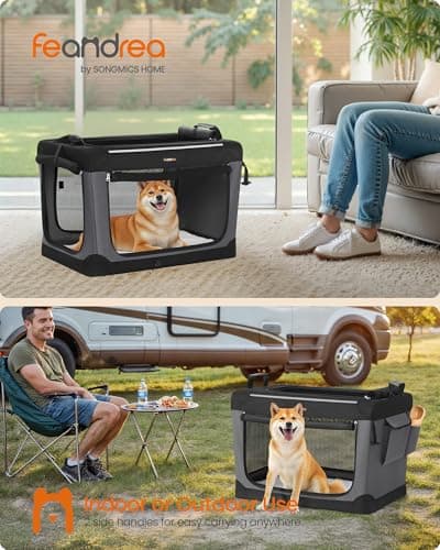 Feandrea Collapsible Dog Crate, Portable Pet Travel Crate for Medium Dogs, 76.2 x 53.4 x 53.4 cm, Oxford Fabric Pet Carrier with Mesh Doors, Storage Pocket, Ink Black PDC017B01 — view 2