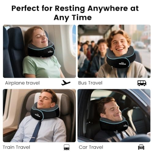 Teemour Neck Pillow Airplane Memory Foam Travel Pillow With Support Includes Storage Bag, Eye Mask, Earplugs, Adjustable Travel Pillow for Long Flights, Train, Car & Business Trips (Black) — view 4