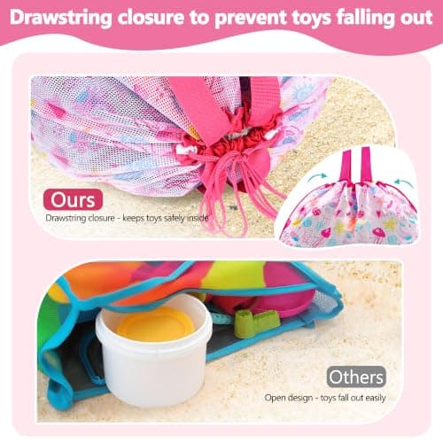 LAHAQIQI Extra Large Mesh Beach Toy Tote Bag with Drawstring- Foldable Lightweight Swimming Travel & Summer Essentials for Women Kids (Rose Red Seashell) — view 3