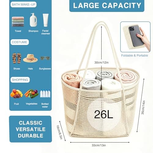 Poeruse Beach Mesh Tote Bag, Beach Bags for Women with Zip, 26L Mesh Handbags, Travel Shopping Handbag for Holiday (White) — view 3