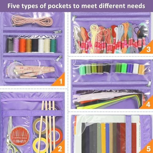 FINPAC Sewing and Craft Supplies Storage Tote, Large Capacity Travel Packing Organizer Bag with Clear Pockets and Handle for Knitting, Crochet, Art, Sewing Accessories(Lavender) — view 3
