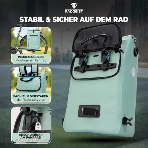 RADGEIST 3-in-1 Bicycle Bag for Pannier Rack - Pannier Rack Bag Waterproof, Extra Robust with Quick Suspension - Bicycle Bag Backpack (20 Litres) - Bicycle Backpack (Mint) — view 4