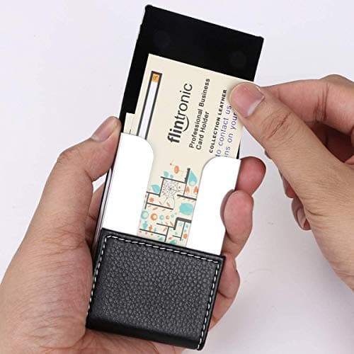 flintronic Business Card Holder | PU Leather Credit Card Holder, Slim Stainless Steel ID Case for Men/Women | Double Open Magnetic Buckle Keep Your Business Name Cards Clean (Black) — view 5