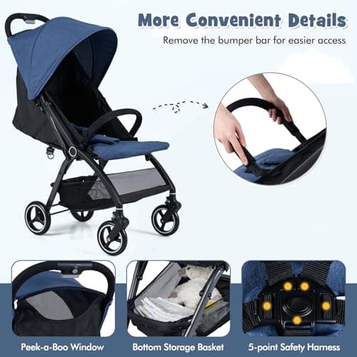 COSTWAY Baby Pushchair, One Hand Foldable Toddler Stroller with Adjustable Backrest & Canopy, 5-Point Harness, Storage Basket, Lightweight Travel Pram for Infants 0-36 Months (Navy) — view 5