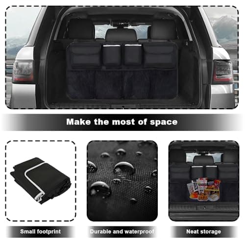 Car Boot Organiser, Backseat Storage Bag, Durable Foldable Cargo Net Storage, Waterproof Kick Mats Car Organiser Seat Back Protectors, Super Capacity Enlarged 8 Pockets for Boot Tidy & Clean Trunk Org — view 3