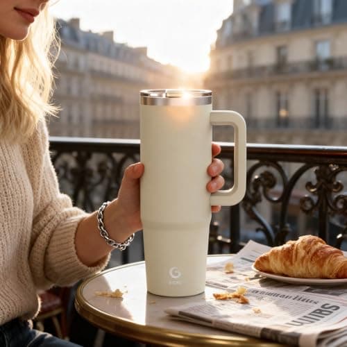 BIGRD 890ml Insulated Coffee Cup Travel Mug Double-Walled Stainless Steel Vacuum Leak-Proof Drinking Cup with Handle and Straw Thermal Tumbler,Beige — view 5
