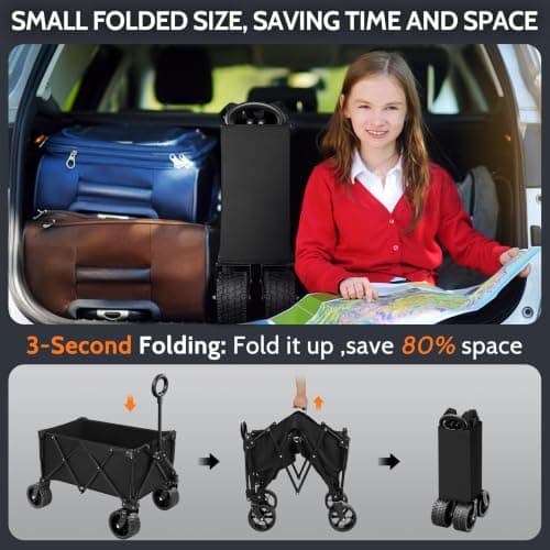 180L Festival Trolley on Wheels, 150KG Heavy Duty Foldable Collapsible Wagon, All-Terrain Wide Sand Wheels, Pull Along Utility Cart for UK Festivals, Beach, Garden, Camping & Weekly Shopping, Black — view 6