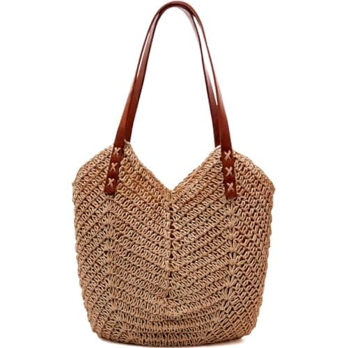 Straw Beach Bag for Women, Summer Straw Tote Bag Handbag with Zip Leather Handles, Retro Handmade Boho Casual Woven Travel Holiday Shoulder Bags for Beach Vacation Outdoor Shopping Daily Use (Coffee)