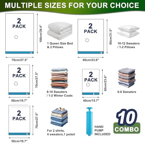 Oumaru Vacuum Storage Bags for Clothes, Vacuum Bags, Space Saver Bags for Clothes, Duvets and Pillows, Hand Pump Included, 10 Combos — view 2