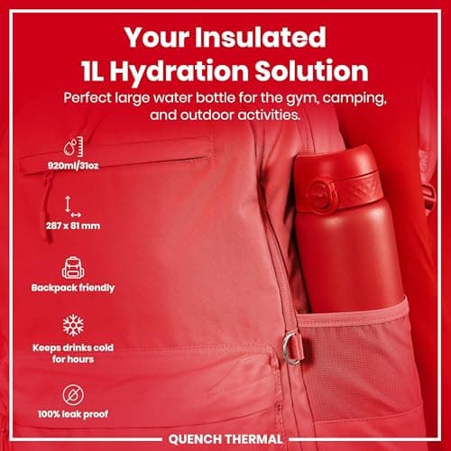 Ion8 Vacuum Insulated Stainless Steel 1 Litre Water Bottle, 920ml, Leak Proof, One-Finger Open, Secure Lock, Carry Handle, Dishwasher Safe, Scratch Resistant, Ideal for Sports and Yoga, Red — view 2