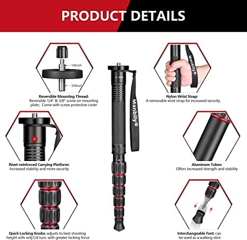 Manbily Monopods for Cameras with Handle Camera Monopod Walking Stick 61inches Portable Compact Travel Monopod Aluminum Alloy Stick Selfie Stick 6 Sections 15.4lbs for DSLR Video Camcorder Stand (Red) — view 4